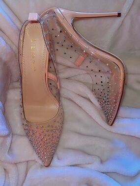 Liliana Clear Rhinestone Pointed Toe Stiletto Heels Nude Blush Pumps Women’s